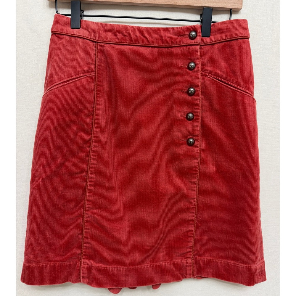 Cartonnier Anthropologie Rust Corduroy Skirt Size 0 Side Button Pleated Back EUC